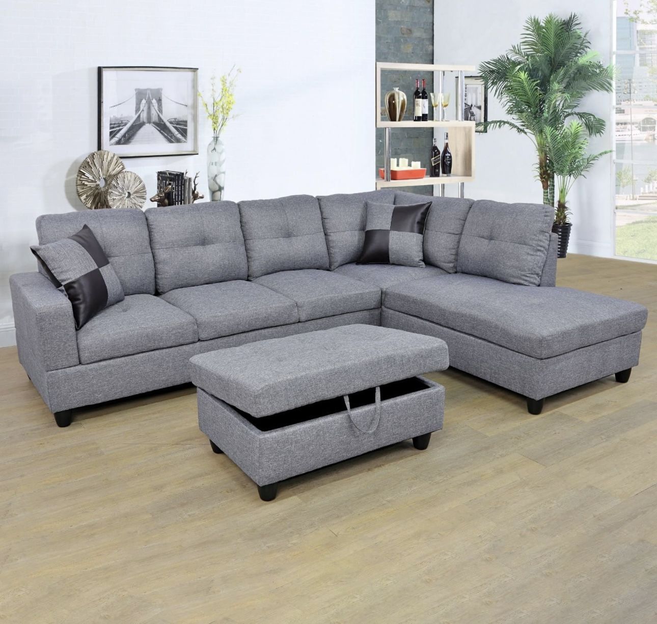Gray Linen Sectional Couch And Storage Ottoman