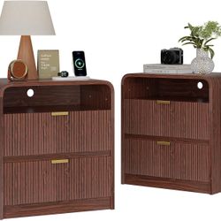 FURSUN 24" Fluted Nightstand Set of 2 with Charging Station, Wooden End Table with 2 Drawers Storage, Curved Profile Design, Modern Bedside Cabinet fo