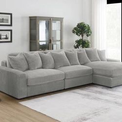 **Best Price** Three Piece Reversible Sectional in Soft Corduroy Grey Fabric