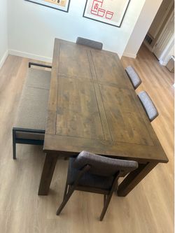 79" Brown Dining Table with 4 Chairs + Bench
