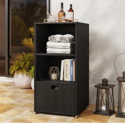 Aoxun Outdoor Towel Cabinet, Pool Accessory Storage Organizer, Freestanding Waterproof PE Rattan Wicker Shelf, 2 Layer with 1 Bottom Drawer for Pool,