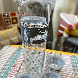 Vintage Glass Greek Pitcher & Glasses