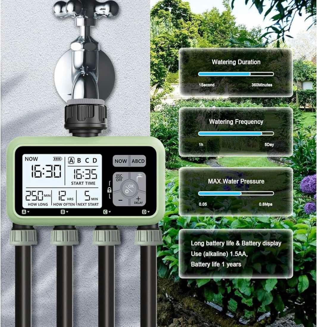 4 Way Watering Timer, Programmable Garden Water Timer with Rain Delay, Garden, Watering Timer, Automatic