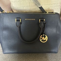 Large Michael Kors Large Saffiano Leather Satchel Bag In Navy Blue