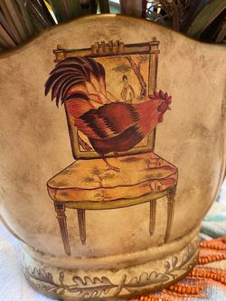 Rustic farmhouse rooster ceramic vase with fall sunflowers etc. Cottage core / Bo Ho / country.