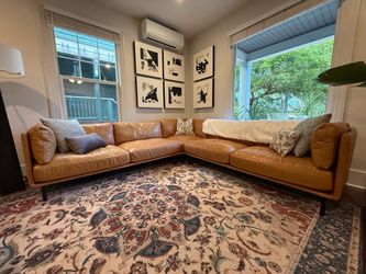 Crate & Barrel Wells 3 piece L-shaped leather sofa in camel