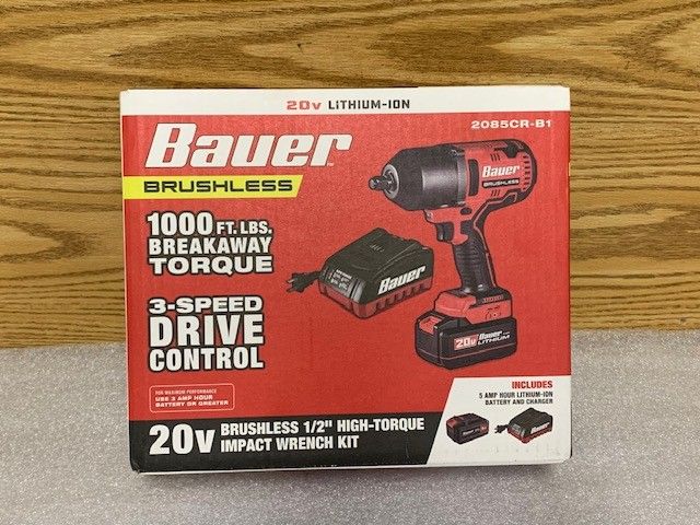 BAUER 2085CR-B1, 20V Brushless Cordless, 1/2 in. High-Torque Impact Wrench Kit