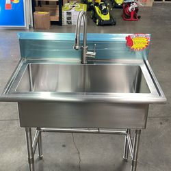 Glacier Bay 38 in. W x 24 in. D Freestanding Stainless Steel 1-Compartment Commercial Laundry/Utility Sink with Faucet and Drain