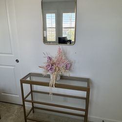 Gold Console Table with Glass Shelves & Arched Mirror set