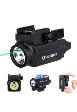 OLIGHT Baldr S - Lámpara compacta de 800 lúmenes para montaje en riel con haz verde y LED blanco, linterna táctica magnética recargable por USB con ri