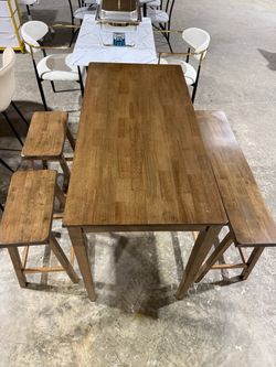 Solid Wood Counter Height Table and Chairs, Rustic Caramel Solid Rubber Wood, Space Saving, Dining Table with Bench, Bar Table and Chairs Set for Brea
