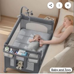TinyGlow 4 in 1 Baby Bassinet, Pack and Play, Bedside Crib Sleeper, Diaper Changer, Quickly Assembled and Folded Portable Crib with Mattress and Mosqu
