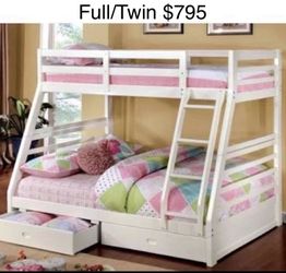 White Full / Twin Bunkbed with Both Mattresses