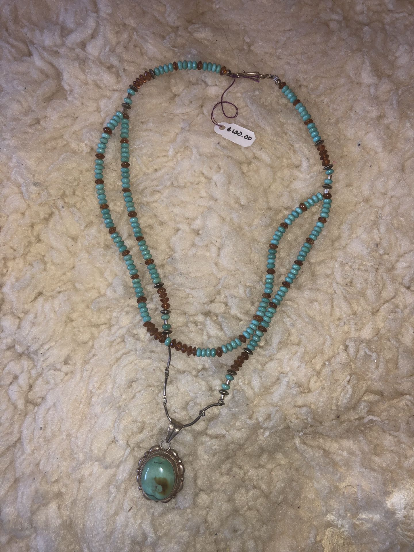 Light blue turquoise & Amber necklace with matching earrings $130