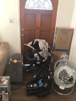 Large baby bundle lot Evenflo carseat stroller combo / graco swing / baby Bjorn bouncer & more