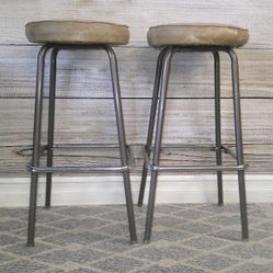 2 - Vintage High Bar Stools with Tan Colored Cushions
