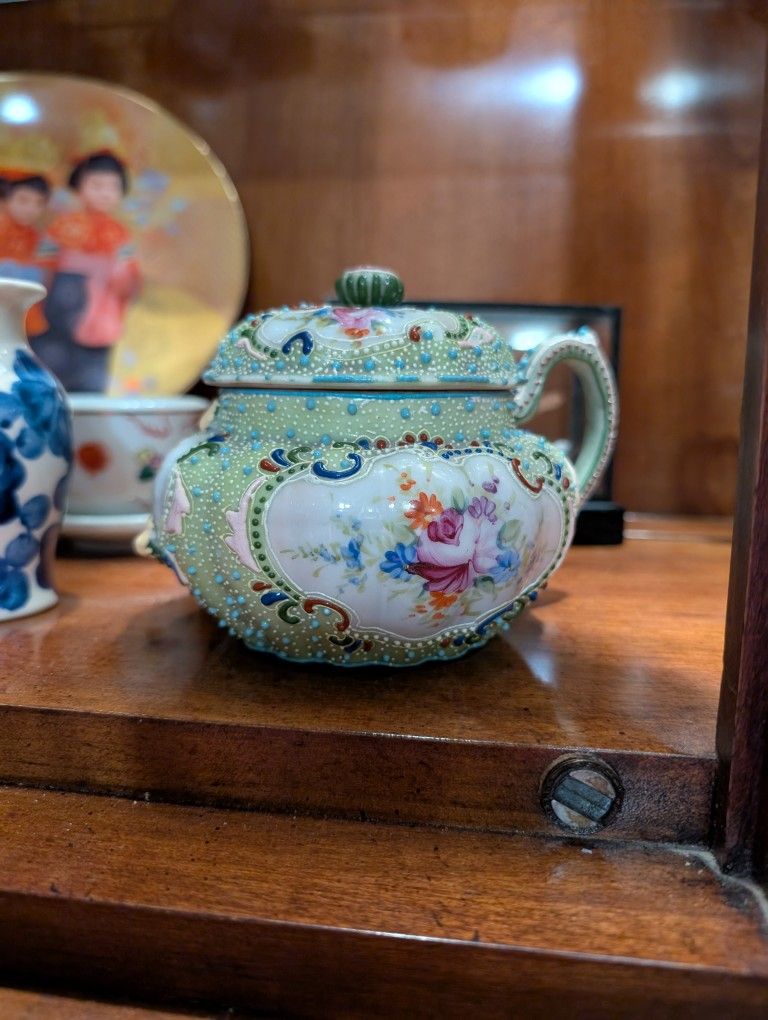 Antique Nippon Sugar Bowl Hand Painted Heavy Raised Enamel