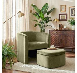 Upholstered Accent Chair with Storage Ottoman Barrel Chair Set. Green