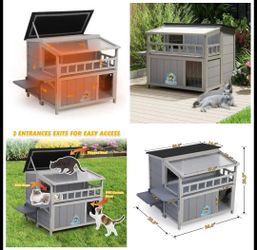 36''L Warm Cat House with Balcony is a weatherproof, insulated small animal house that’s perfect for cats, kittens, or other small pets.