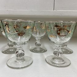 Set Of 5 Vintage Libbey "Marine Life" Atomic Fish Cordial/Wine Glass