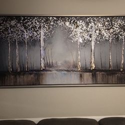 Moonlit Birch Forest Silver Leaf Forest Framed Printed Canvas