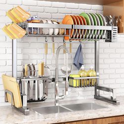 Over The Sink Dish Drying Rack, Stainless Steel Adjustable (26.8" to 34.6") Baskets Sponge Holder