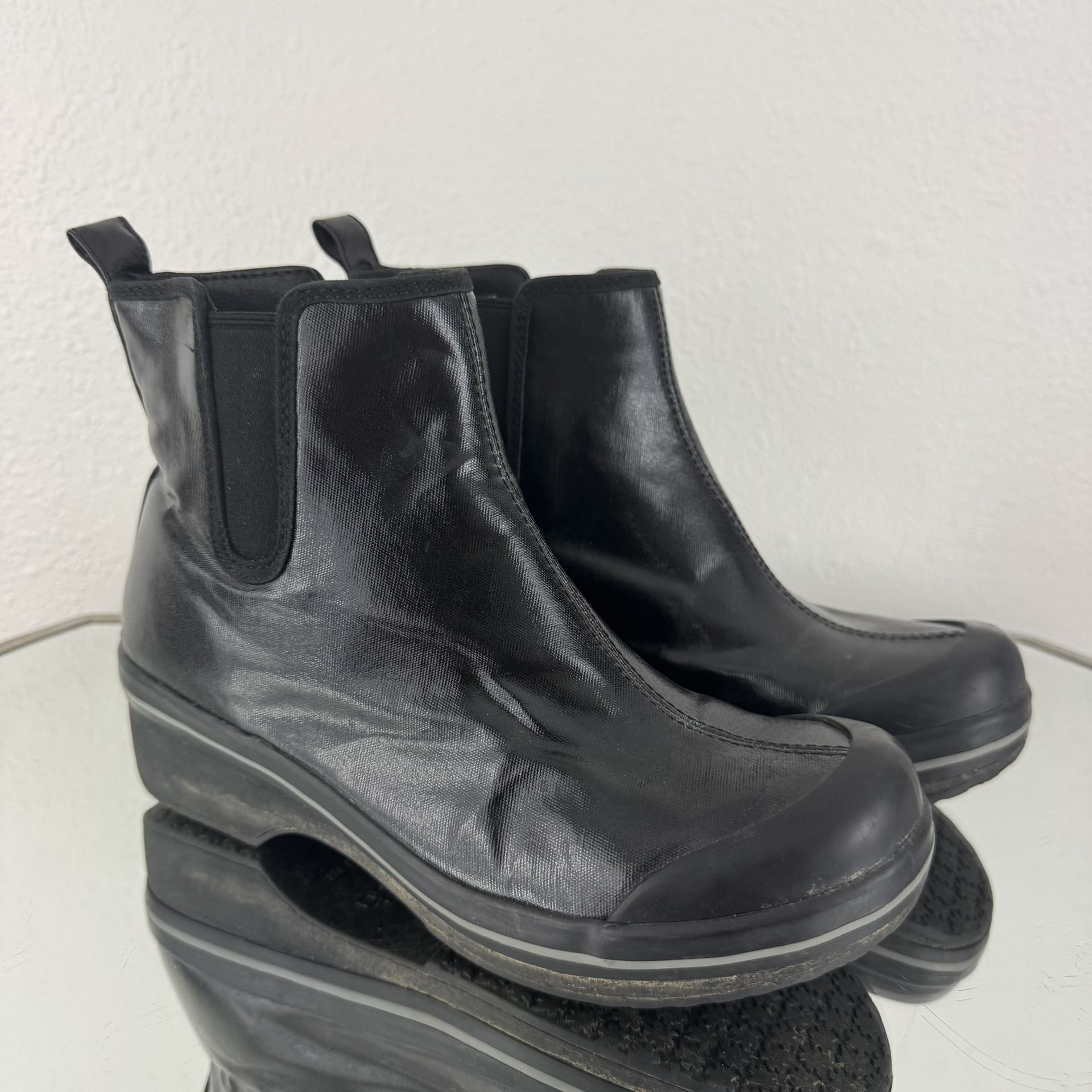 DANSKO Black Shiny Coated Canvas Rubber Lug Sole Vail Pull On Ankle Rain Boots