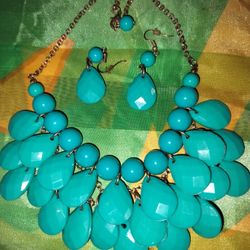 NWT Fashion Turquoise Colored Multi Beaded Necklace And Earring Set 