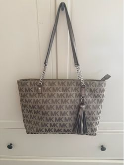 Michael Kors Taupe and Dark Brown MK Logo Tote with Tassel