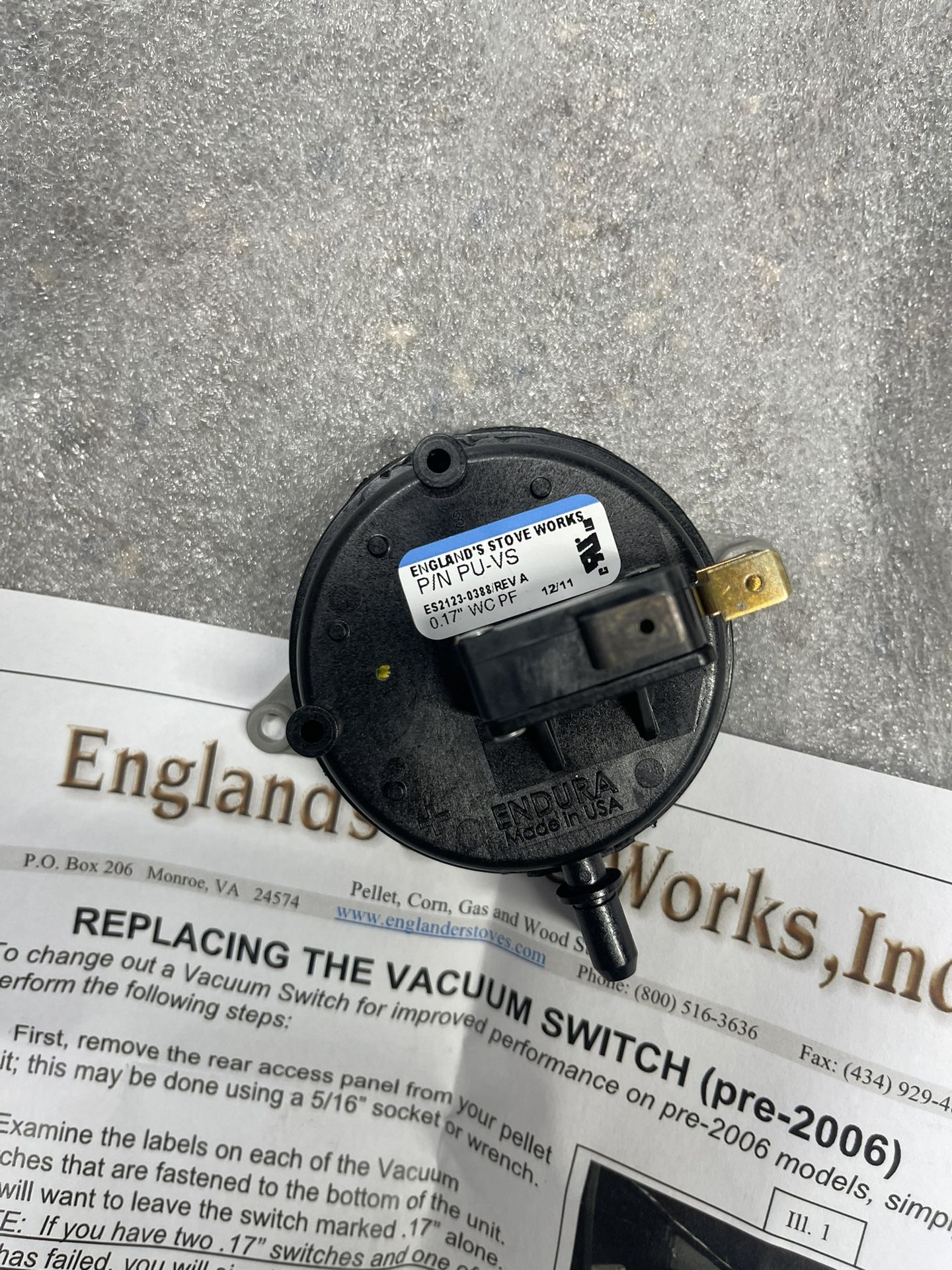 England Stove Works Vacuum Switch Pre-2006 New. (4) Available $10Each. Pickup Or Ship At Buyers Expense