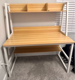 Wood and White Metal Desk with Hutch