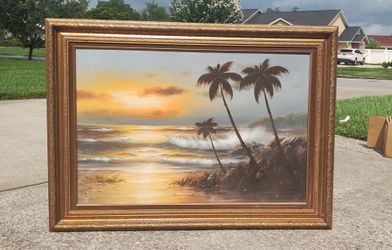 VTG Sunset Palm Tree Oil on Canvas Painting