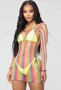 Rainbow fishnet Long sleeved mini dress Bikini Swimwear coverup Las Vegas PoolParty Swimmingpool Fun