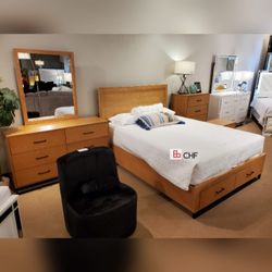 4pc queen bedroom set includes queen bed frame, dresser , mirror and one nightstand ( mattress sold extra / chest not included ) // Limited Time Offer
