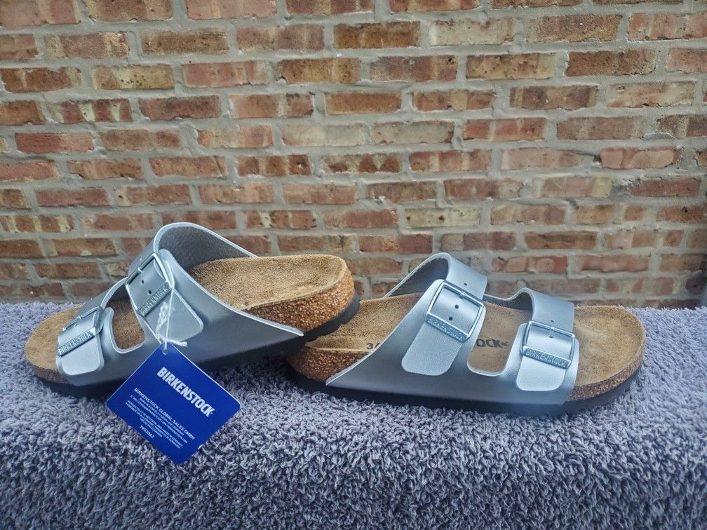 Birkenstock Arizona Birko-Flor Sandals Silver Color US Size 5-5.5 New
