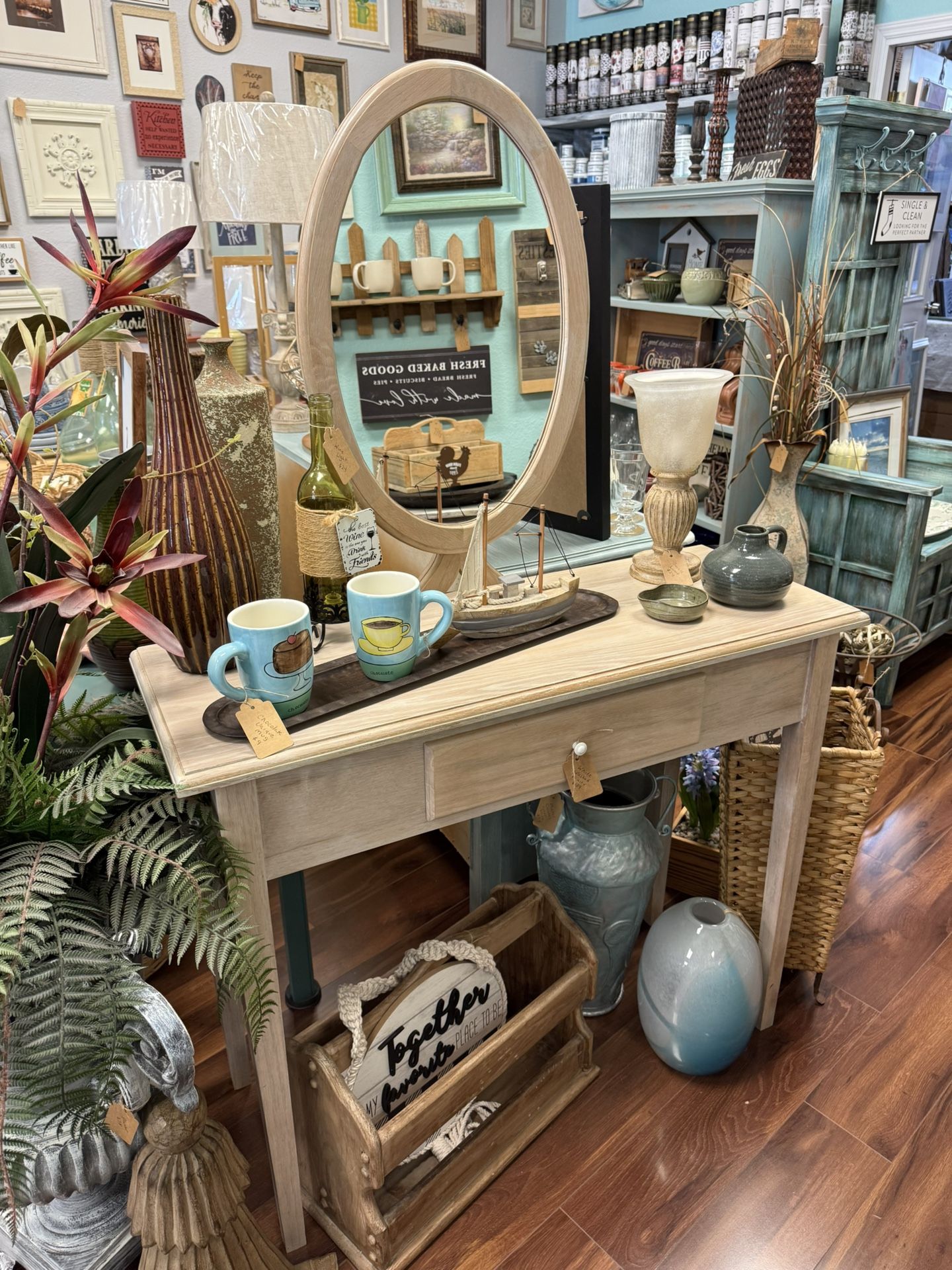 Beautiful Rustic Wooden Vanity Table with Oval Mirror and Storage Drawer Light Wood with Whitewash