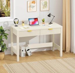 39 Inch Small Fluted Computer Desk with 2 Drawers, White