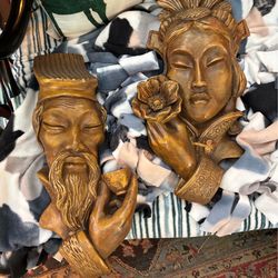 Asian Wise Man & Geisha Wall Bust
