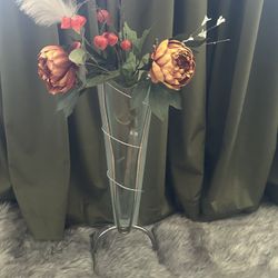 Vintage MCM Iron & Scalloped Glass Floor Vase