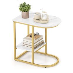 Assembled New C Shaped End Table, Modern Sofa Side Table with Faux Marble Tabletop & Storage Shelf