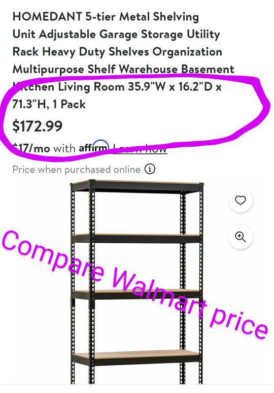 HOMEDANT 5-Tier Shelf, Steel Frame (71" x 16 x 35)   Garage, Shop, Laundry, Office, Kitchen (Black or  White ) Org. Store Price $128+