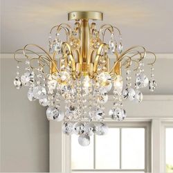 WUZUPS Crystal Chandelier Flushmount Ceiling Light Modern Lighting Fixture for Bedroom Hallway Bar Kitchen Bathroom, H 17.5'' x W 19.3'', E12 Base, Go