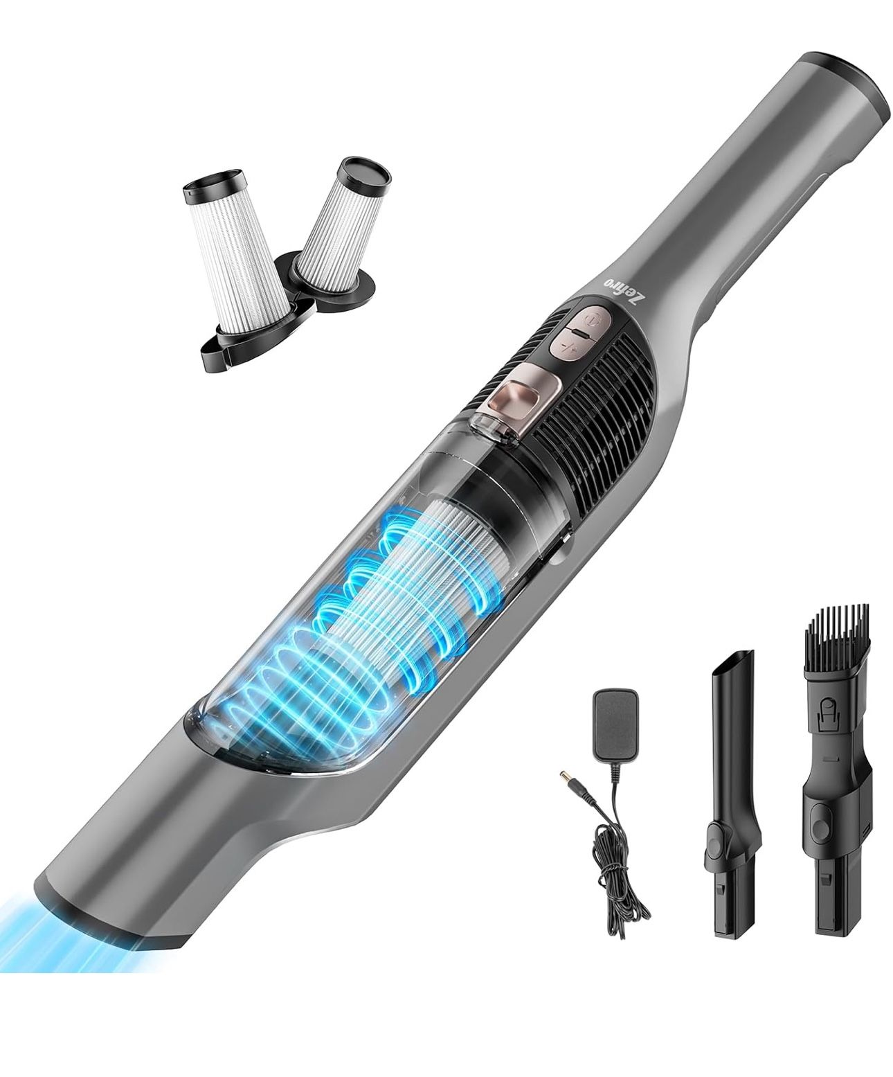 New-Zefiro Handheld Vacuum Cordless Rechargeable, Lightweight Car Vacuum, High-Speed Cyclone Suction for Pet Hair, XL Dust Cup, Crevice & Scrubbing Br