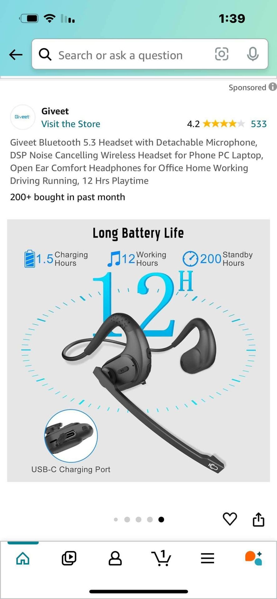 Giveet Bluetooth 5.3 Headset with Detachable Microphone, DSP Noise Cancelling Wireless Headset for Phone PC Laptop, Open Ear Comfort Headphones for Of
