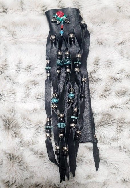 Black Leather Motorcycle Hair Accessory with Silver Turquoise & Rose Accents