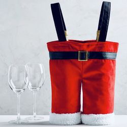 2 Brand New - Pottery Barn Santa Claus 2 Double Wine Bottle Bag Christmas Red Velvet Pants