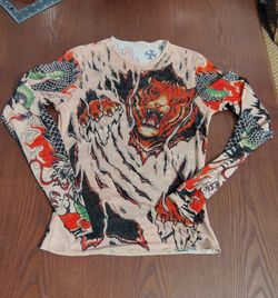 Y2K Unbranded Top Sheer Nude Tattoo Mesh Dragon Tiger Long Sleeve Women’s small (petite)