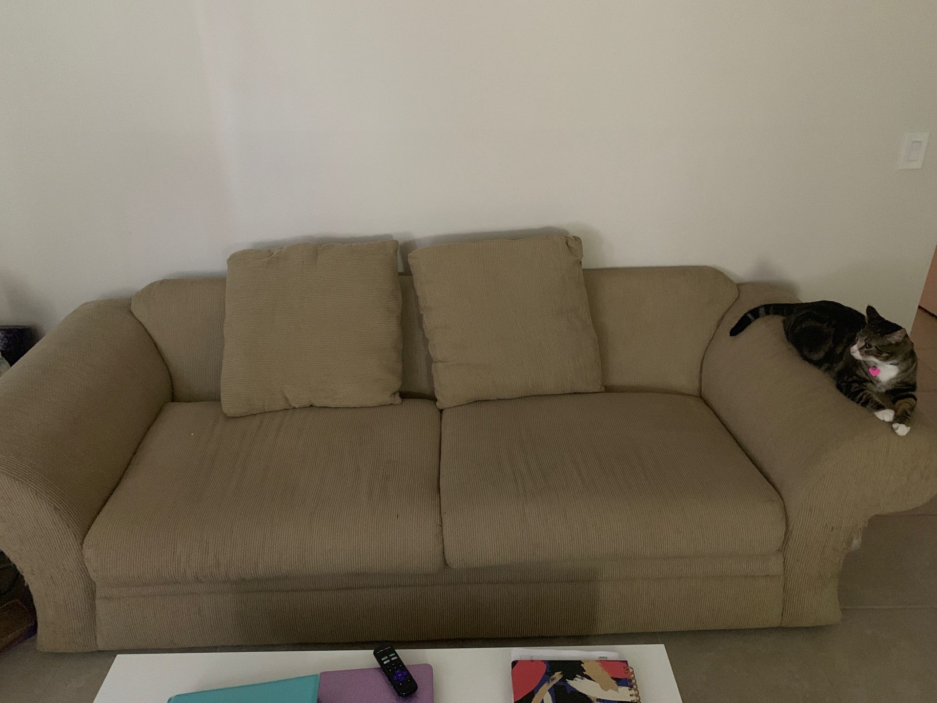FREE COUCH - moving MUST BE GONE TODAY!!!! Super comfortable. If you get two more pillows like I did it looks cute and feels more comfy