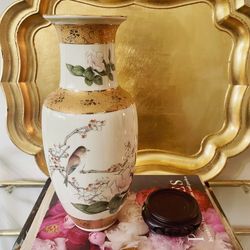 Vintage 10 ¾” H Bird and Japanese Magnolia Motif and Ornate 22K Gold Scroll Trim Vase (with Pierced Rosewood Base) – Made in Japan