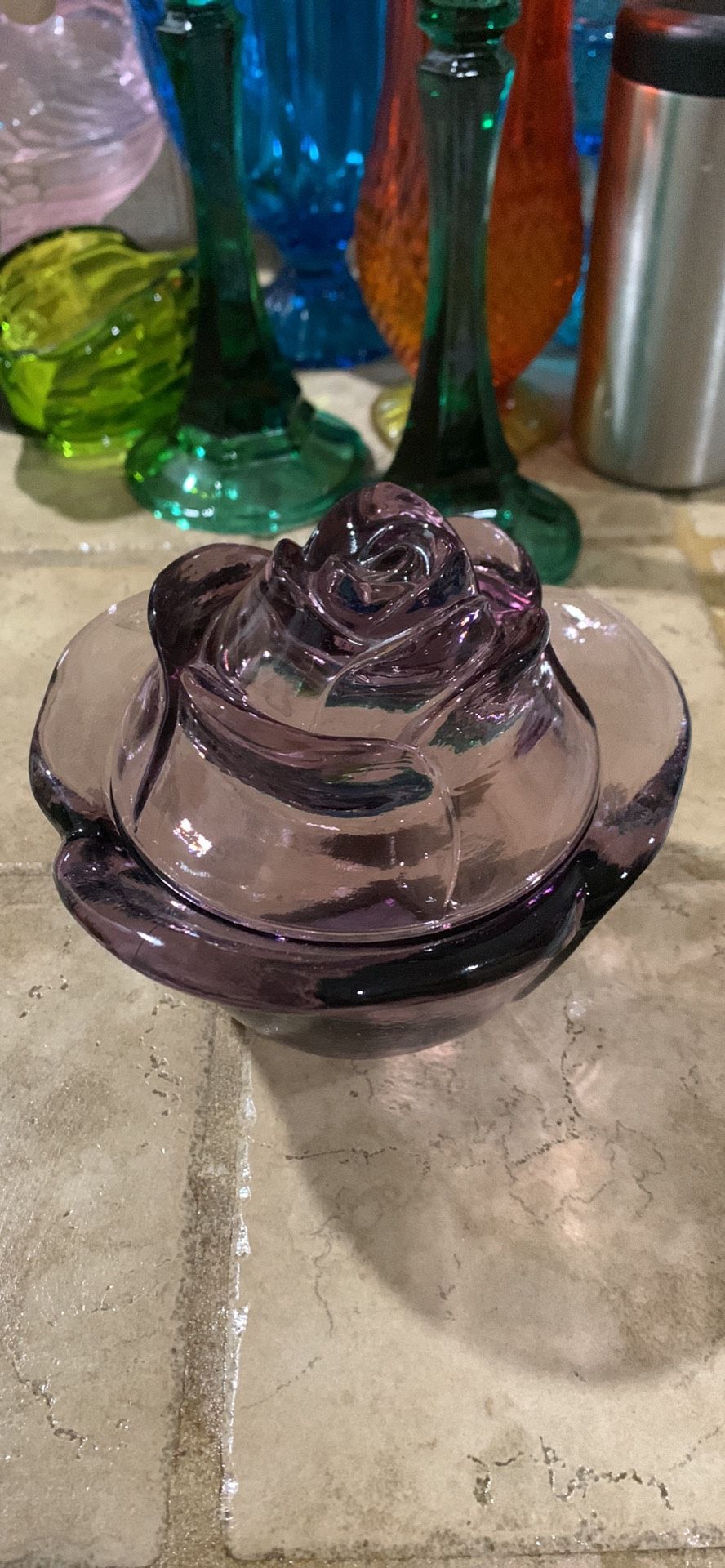 Vintage LE Smith Medium Purple Glass Covered Rose Lidded Dish